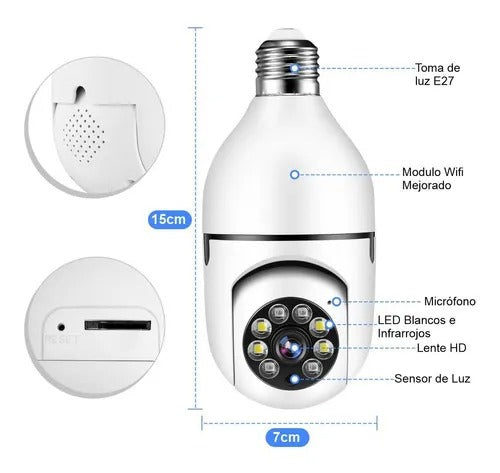 Cámara Bombillo 360° WiFi con Visión Nocturna y Audio Bidireccional